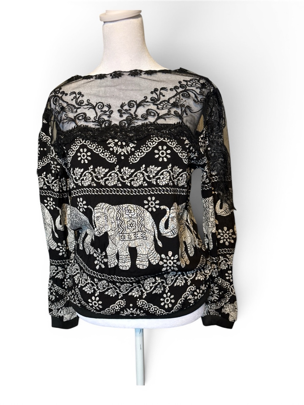Black Lace & Ivory Elephant Print Long-Sleeve Top
